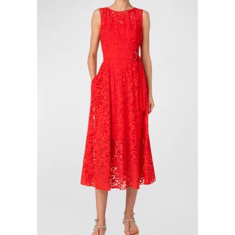 $1590 AKRIS Punto Kaleidoscope Organza  Belted Midi Dress Size 2 US
